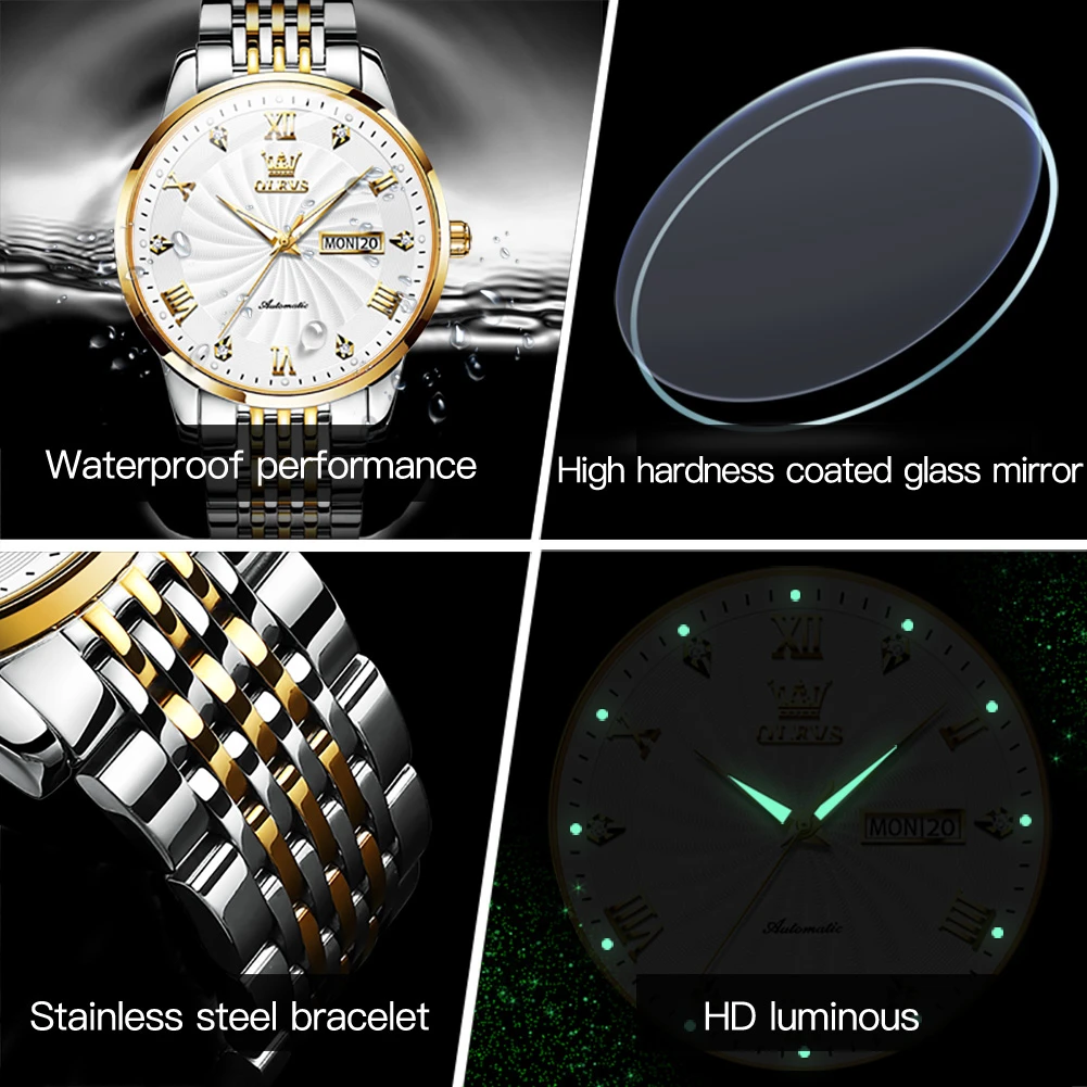 OLEVS 6630 Business Mechanical Watch Gift Stainless Steel Watchband Round-dial Week Display Calendar Luminous