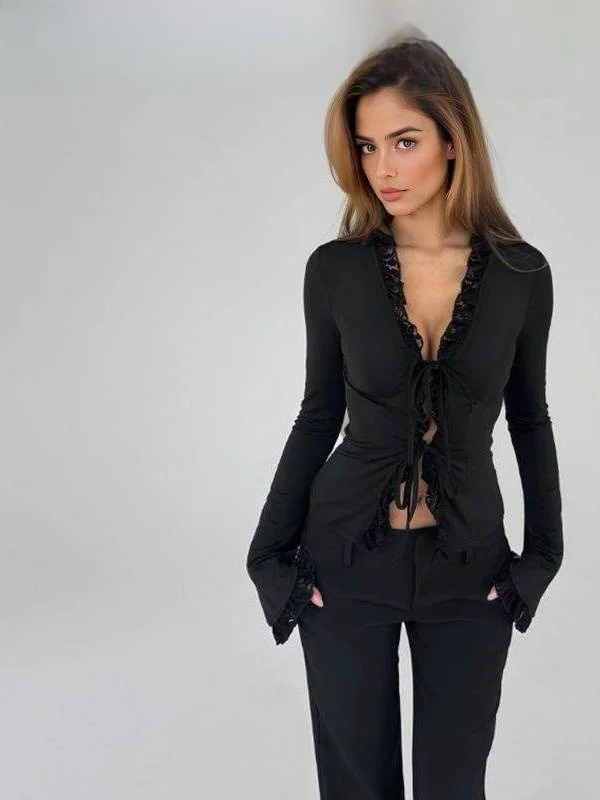 

Женская блузка с длинным рукавом и поясом, приталенный топ с рукавами-колокол, модный повседневный стиль, 100% материал, другой стиль