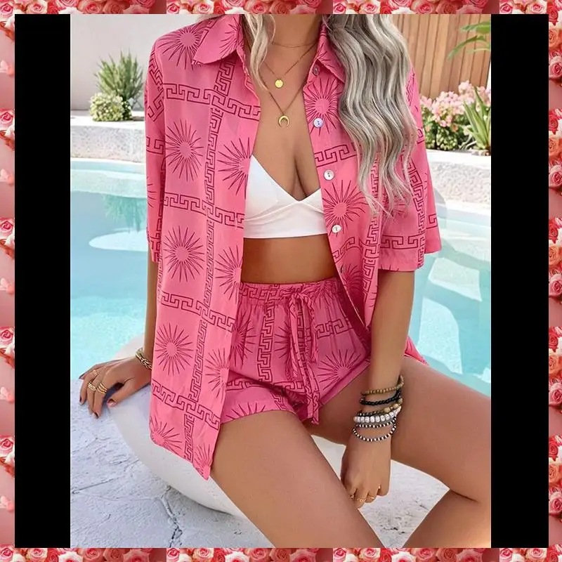 Women's Soft Summer Floral Tropical Print V Neck Tee Short Sleeve Button Top Shorts 2 Piece Sets