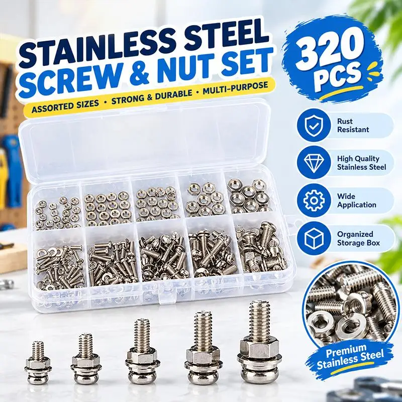 320Pcs Stainless Steel Screws Nuts And Washers Kit Multiple Sizes Rust Proof For Home Repair DIY Mechanical Assembly