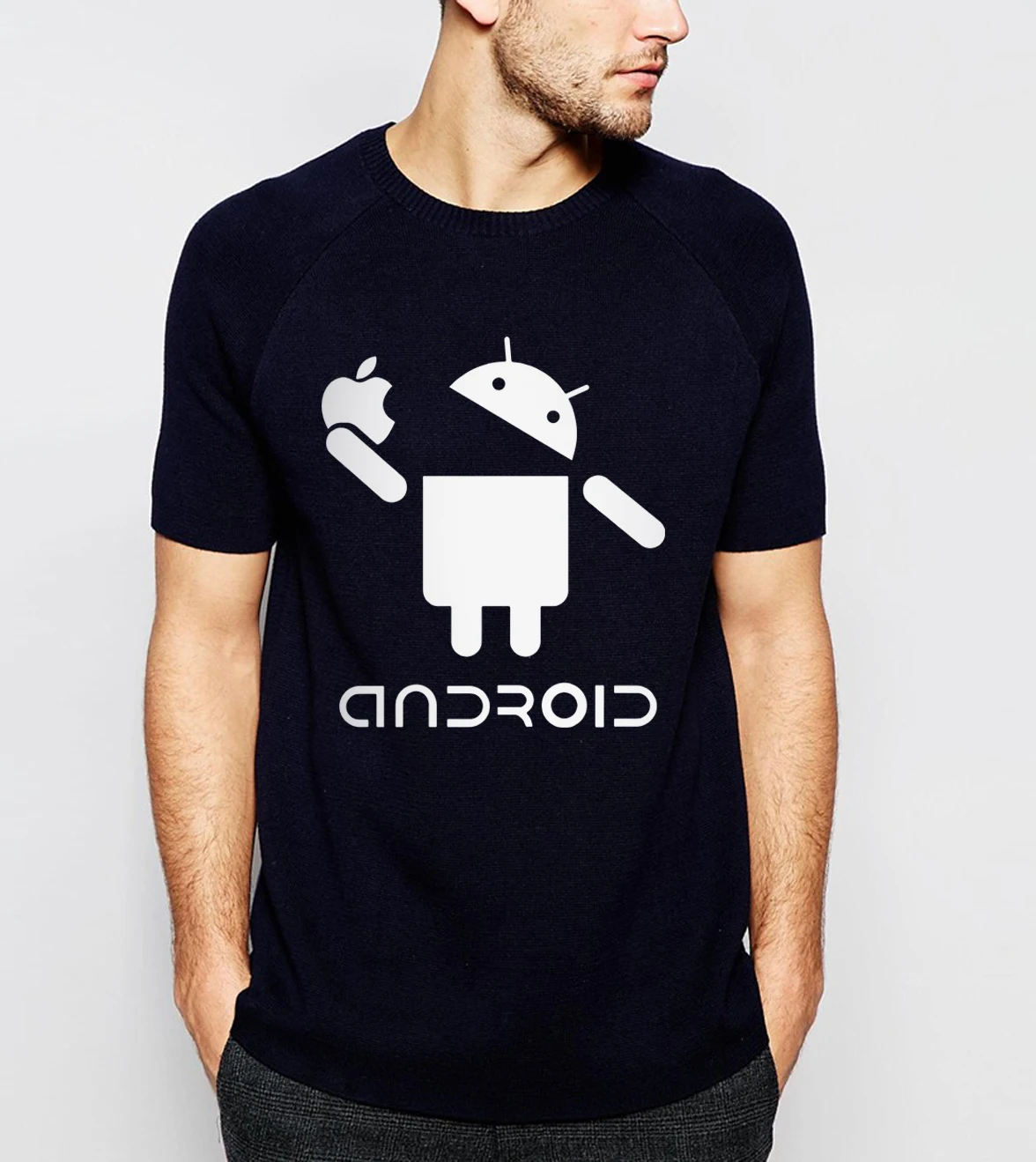 Android Robot Icon Eat Apple Funny Creative Graphic T-Shirt 100% Cotton O-Neck Short Sleeve Casual Mens T-shirt Size S-3XL