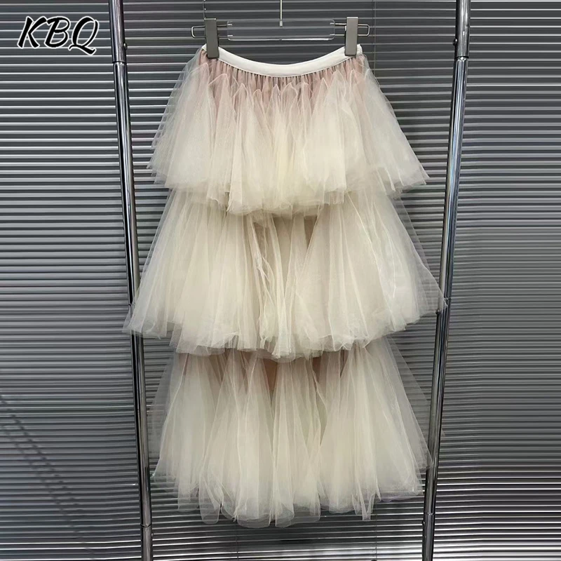 

KBQ Solid Sweet Minimalist Chic Mesh Skirts for Women High Waist Fashion Elegant Chic Long Cake Skirt Female Winter Style New
