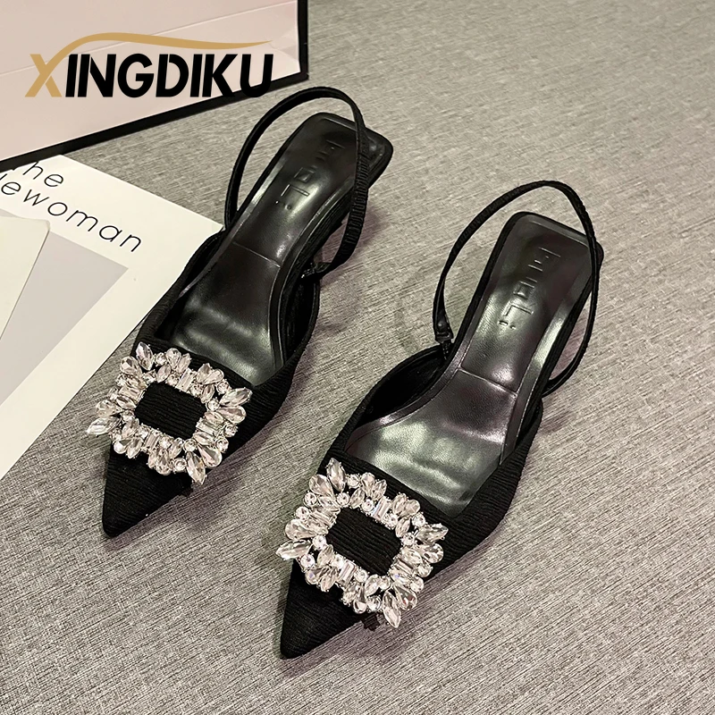 Designer Sandals Women\'s Summer New Square Buckle Beaded Fashion Pointed Toe Stiletto Sandals Back Strap High Heels Ladies