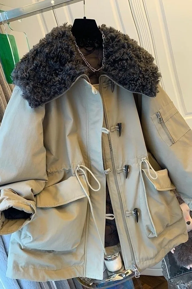 SuperAen Płaszcz z bawełny w stylu koreańskim z guzikami w kształcie rogu, z kołnierzem, gruby, zimowy, nowy model 2026, khaki, oversize, luźna parka