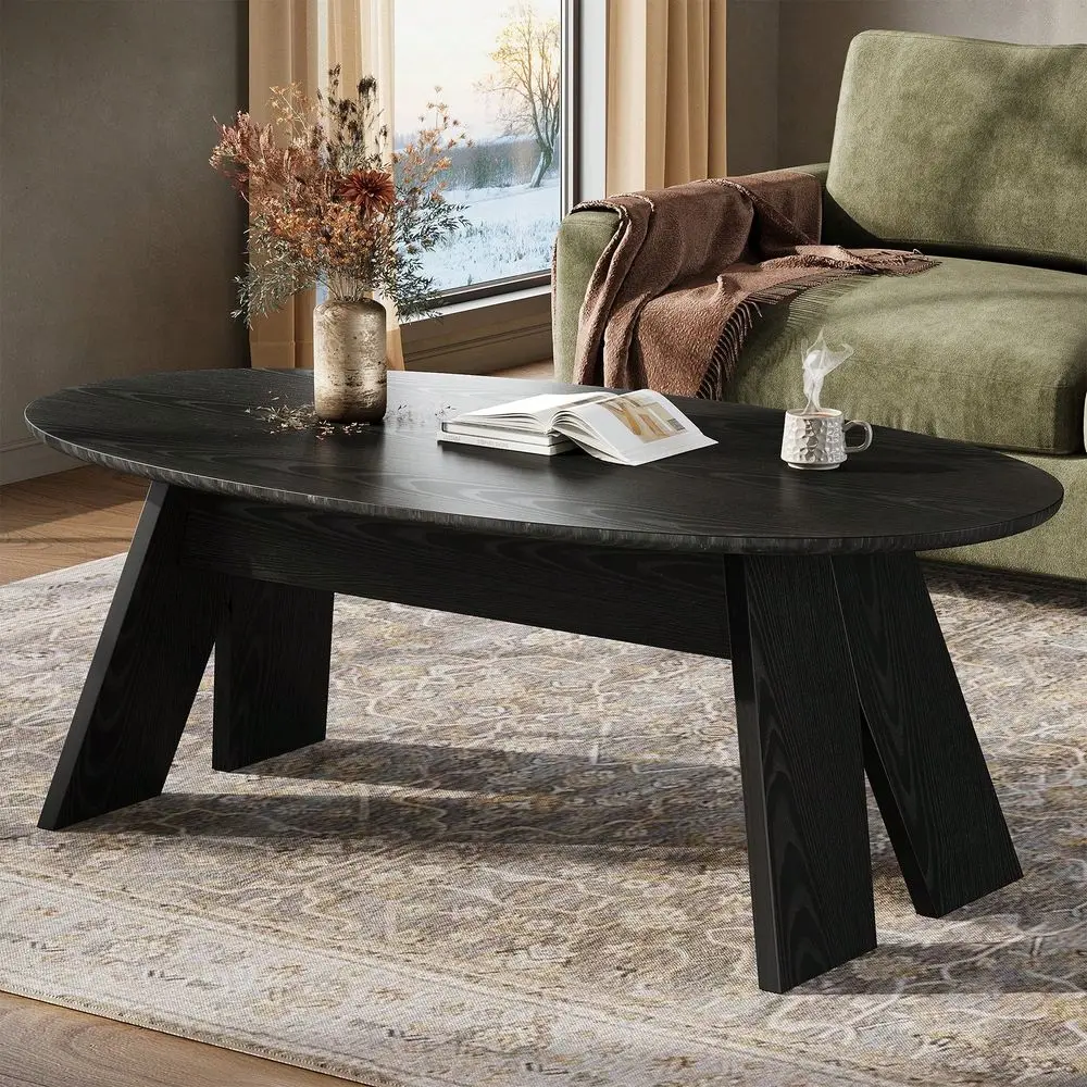 

47Inch Oval Coffee Table, Modern Wood Center Table, Black Center Table Cocktail Tea Table For Living Room