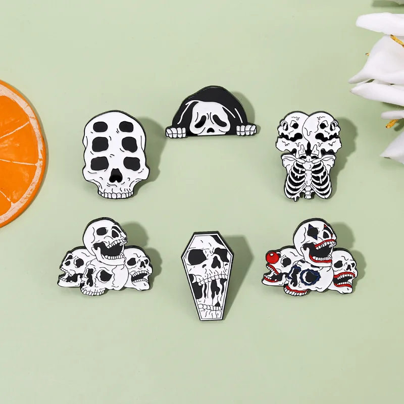 Death Skull Enamel Pins Custom Black Skeleton Brooches Lapel Badges Gothic Punk Hip-hop Jewelry Gift for Friends