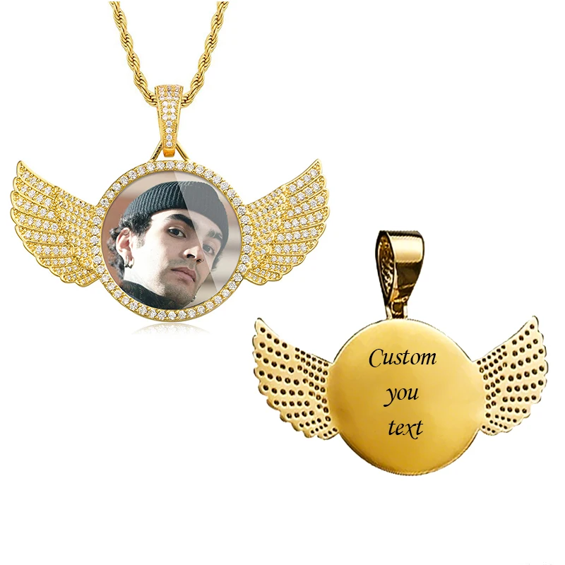 Custom Picture Necklace with Zircon Wing Pendant Personalized Photo Pendant Gift for Him Gifts for Her 18k Gold Hip Hop Jewelry