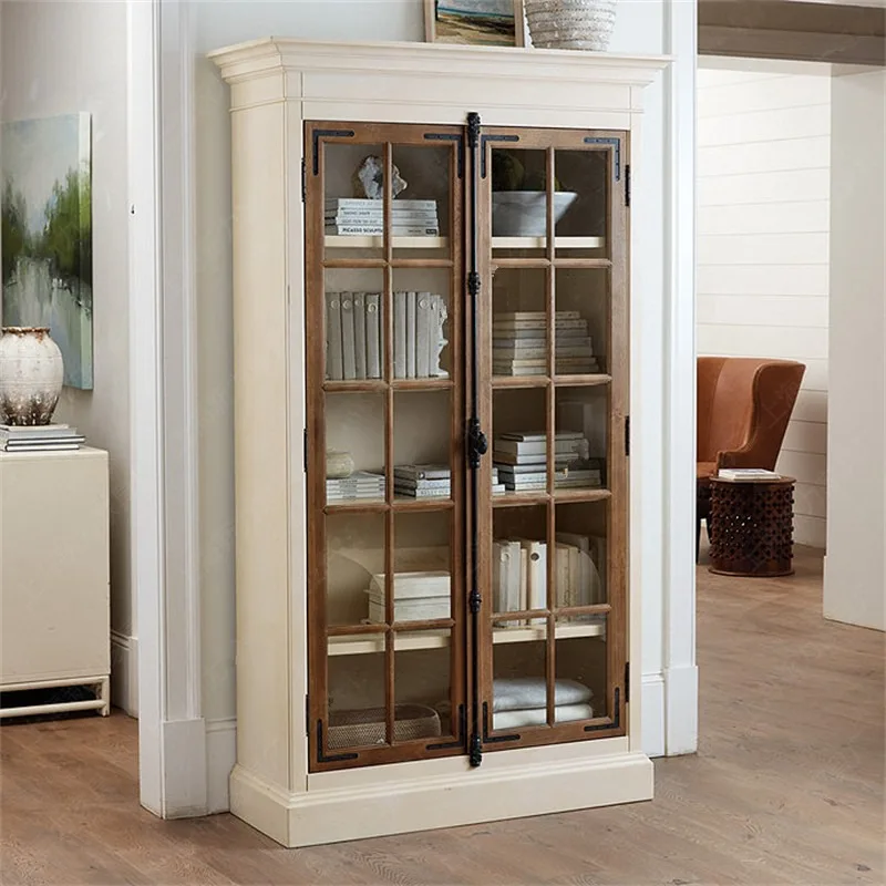 Retro solid wood floor-to-ceiling bookcase, household glass door, dustproof storage cabinet, contrast design