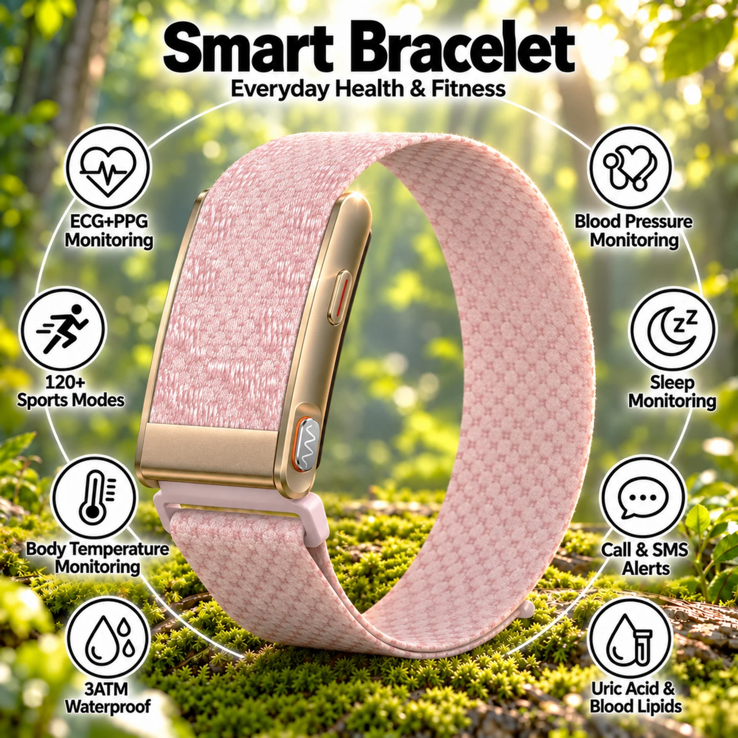 2026 Pink Smart Bracelet For Women ECG + PPG Blood Pressure Body Temperature Sleep Monitor 120 Sports Modes Fitness Tracker 3ATM