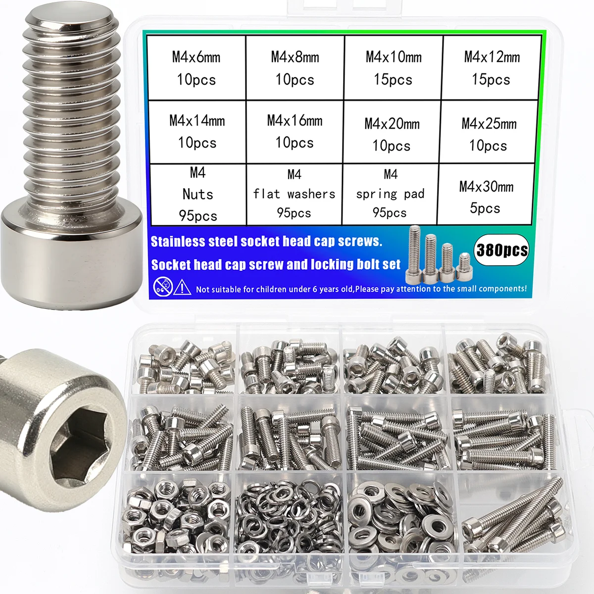 380pcs/M4 stainless steel socket head cap bolts, nuts, washers, and cylindrical head bolts, suitable for household machinery.