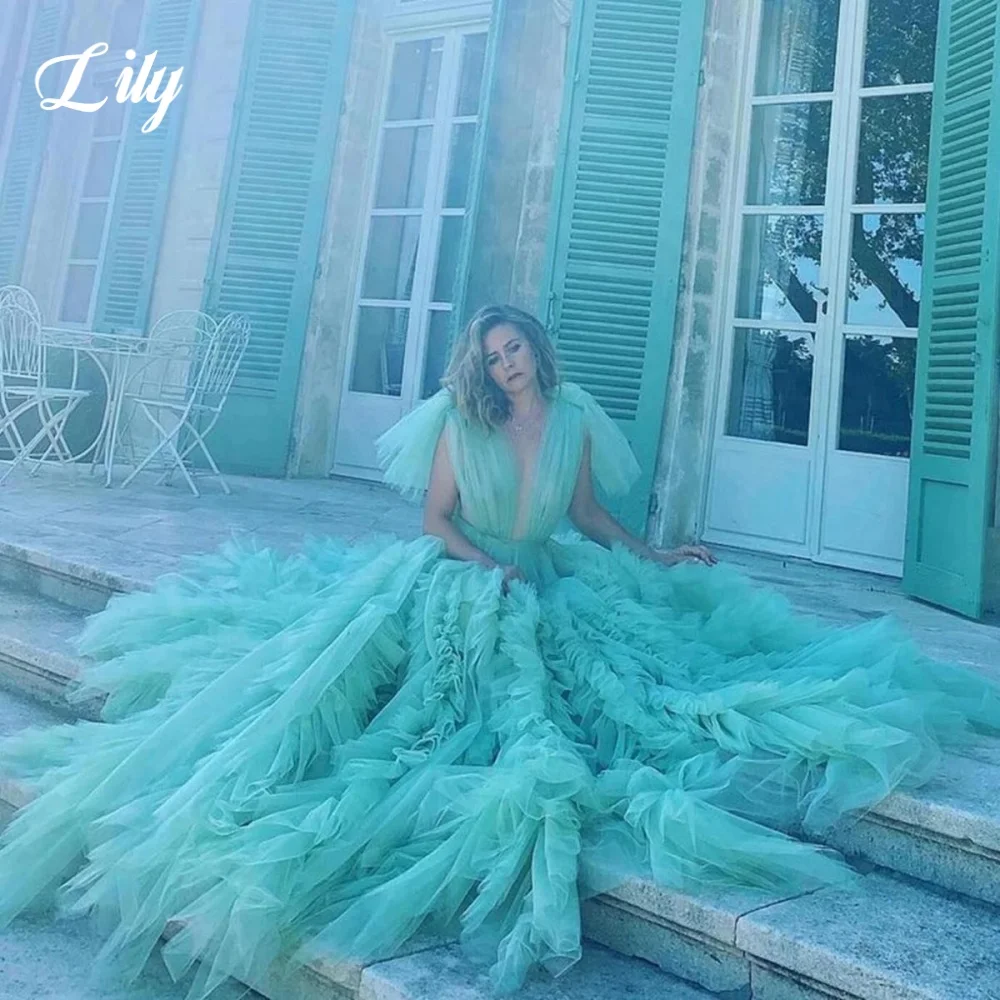 

Lily Green Elegant Formal Gown Deep V-Neck Backless Prom Dress A-Line Pleating Chic Woman Evening Dress robe de bal Customized