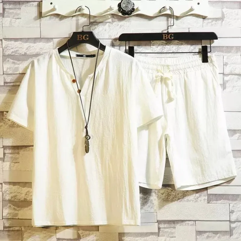 Men's Summer Two-piece Set Short Sleeve Short Shorts Large Size V-neck Linen Simple Loose Casual Comfortable Harajuku Versatile