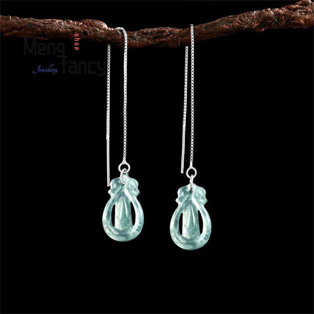 

Original Natural A-Grade Jade Blue Water Ancient-Style Water Drop Earring S925 Silver Inlaid Ice Type Jade Personalized Earrings