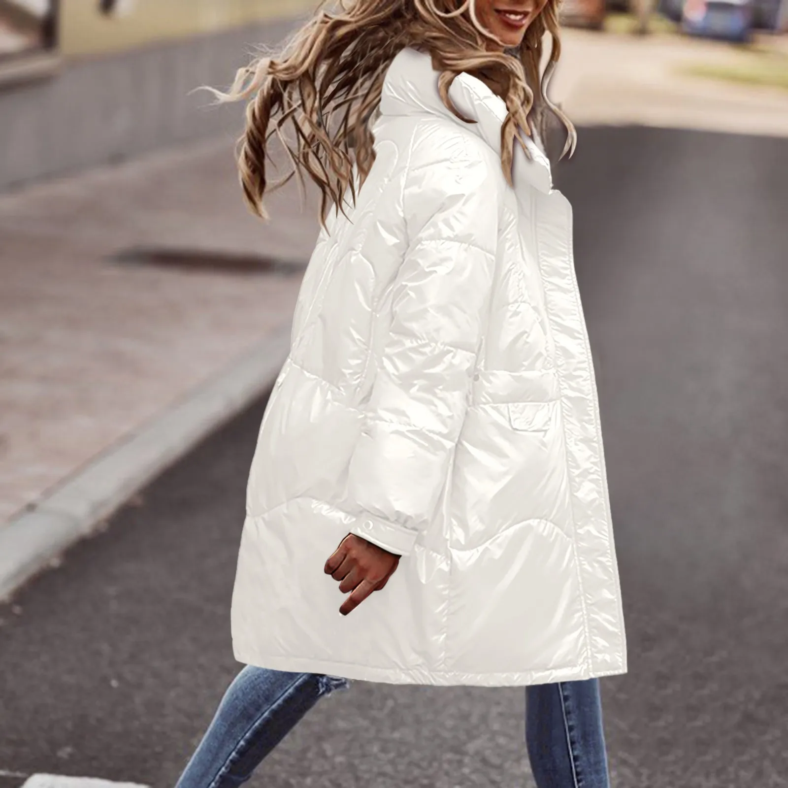 Fashion Women Bright White Red Black Puffer Jacket Winter Warm Bubble Coats Shiny Leather Parkas Down Zipper Parkas Jacket