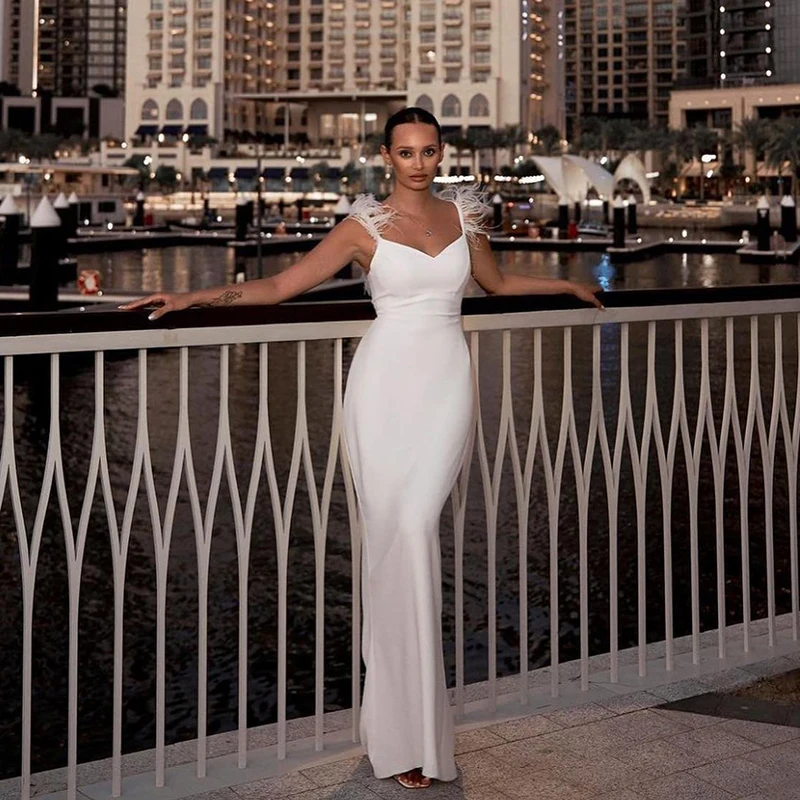 

Elegant Mermaid Wedding Dresses Boho Beach Sleeveless Feather Bridal Dress White Princess Customize To Measures Elegant 2023