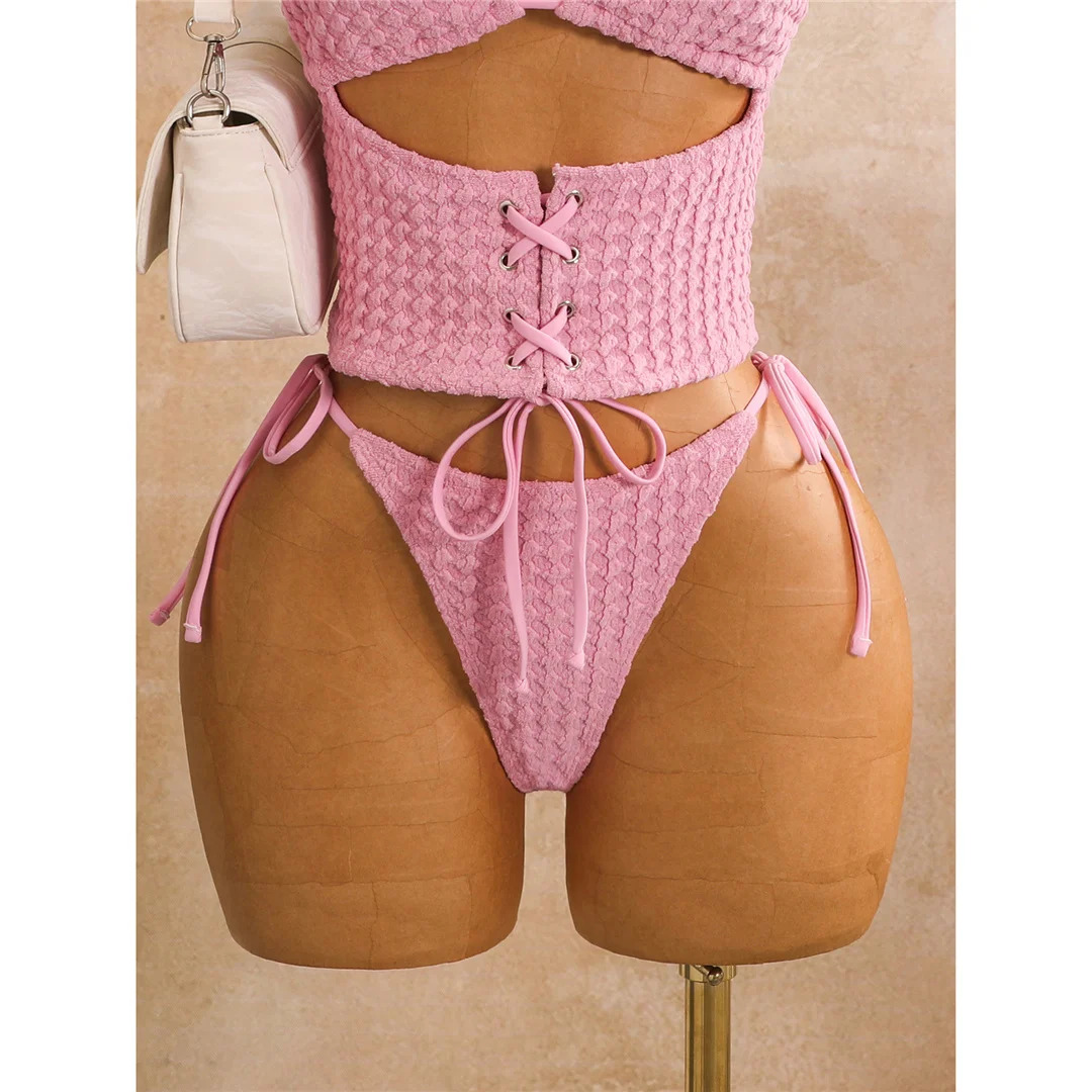 Tankini mit Schnürung, Neckholder-Bikini, Damen-Badeanzug, zweiteiliges Bikini-Set, Badeanzug mit hohem Beinausschnitt, Badebekleidung, Schwimmanzug V8340 – Detail 19