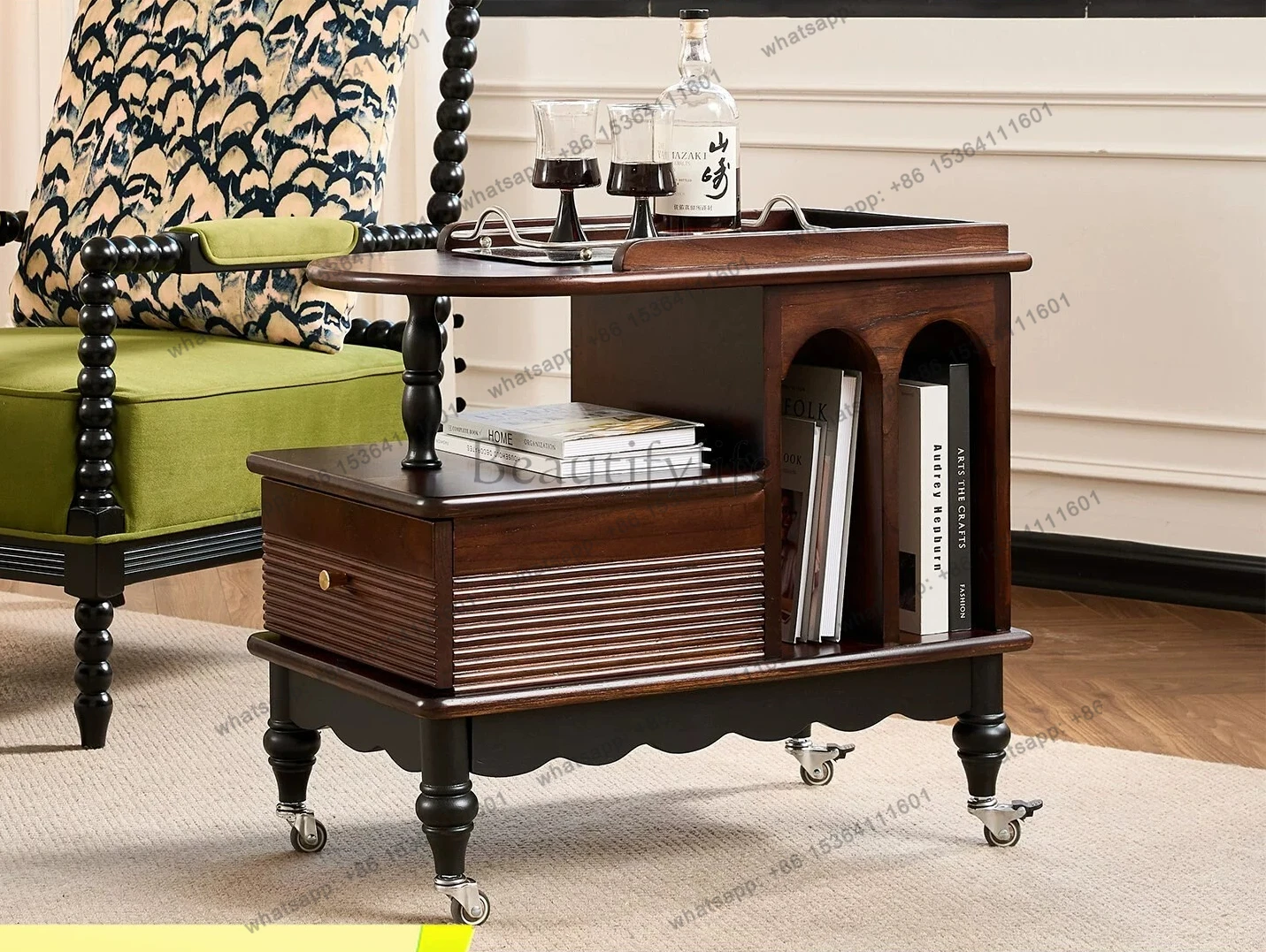 French retro all-solid wood trolley rack, antique small coffee table in the living room, movable