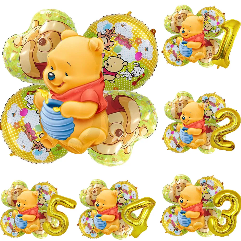 New Disney Winnie the Pooh Theme Gold Number Balloon Set Foil Globos Children First Birthday Party Decor Baby Shower Supplies