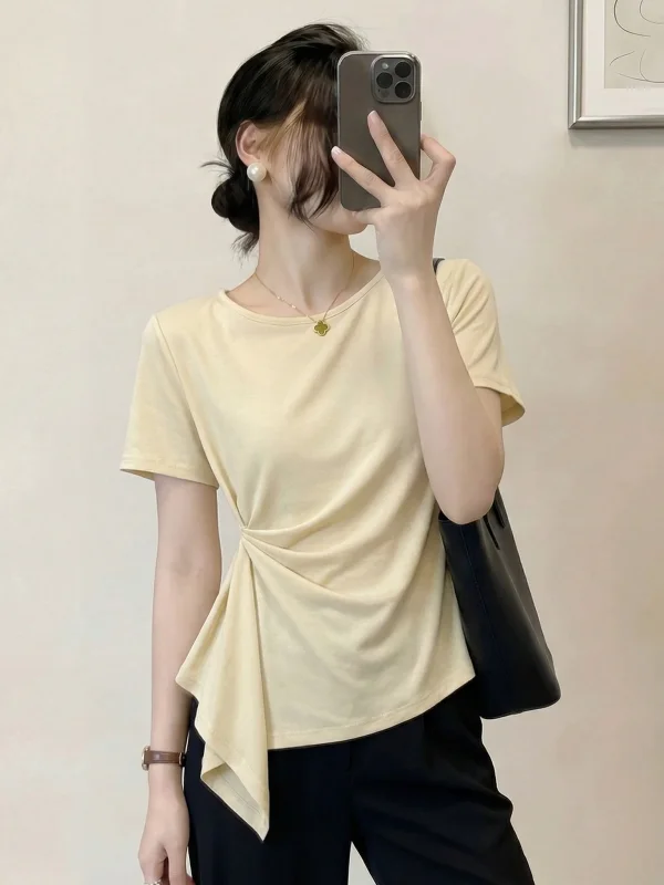 Light Yellow Short Sleeve T-Shirt Women's Summer New Style plus Size Irregular Shoulder Line Korean Style Commute Fashion