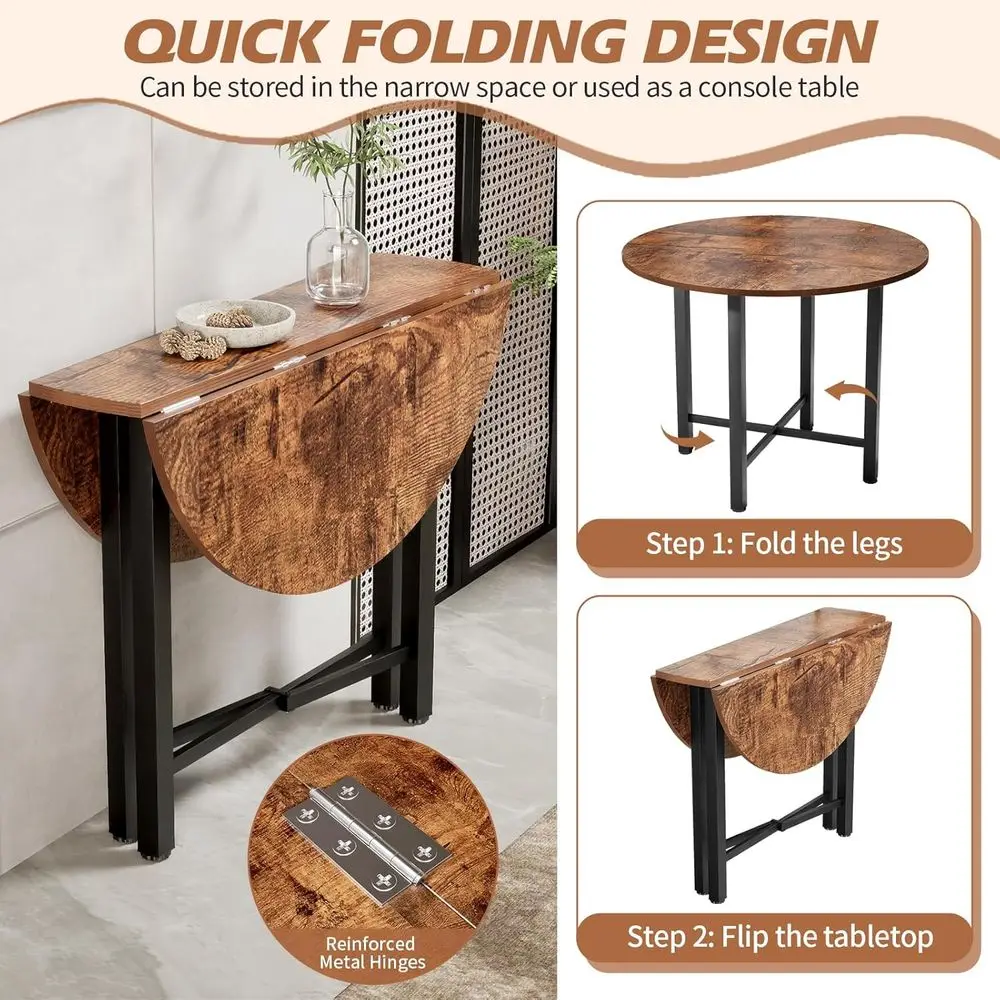 Mid-Century Wooden Round Drop Leaf Dining Table, Compact Foldable Kitchen Table for 2-4, Extendable Farmhouse Style