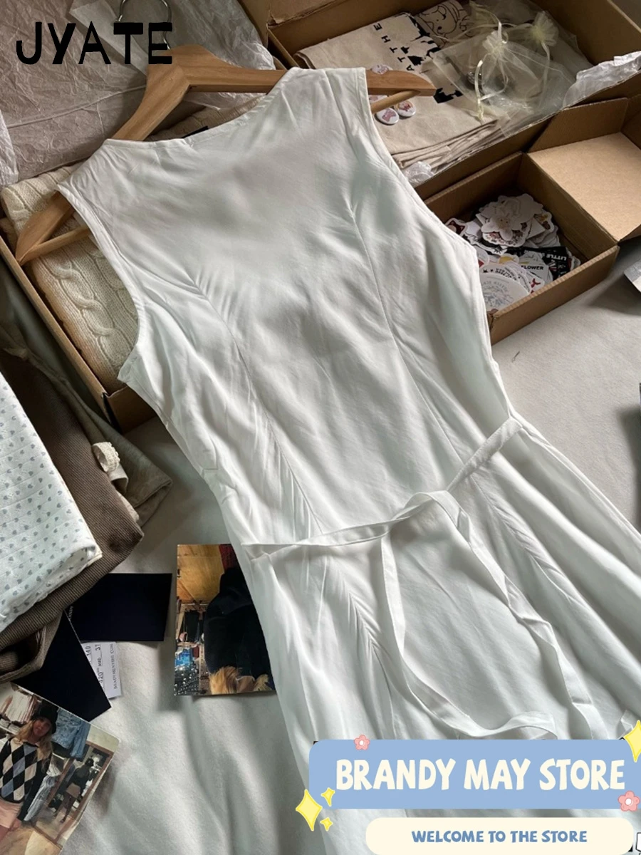 White V-neck Back Lace-up Long Vestidos Women Summer Casual Simple Cute Sleeveless Maxi Dress Sweet Preppy Style Cute Dresses