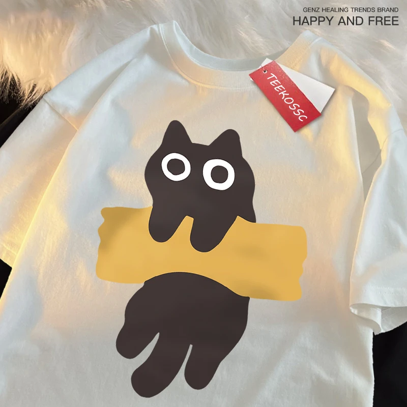Fun Adhesive Tape Cat Print Japanese Style Short Sleeve Men Women Cotton Oversized T-Shirts Oversized O-Neck New Tops Tees