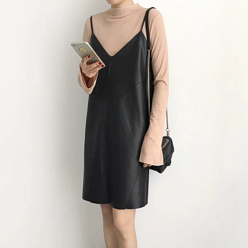 

2024 New Sexy Casual Women's Leather Dress V-neck PU Leather Dresses Black Female Over Ankle Shorts