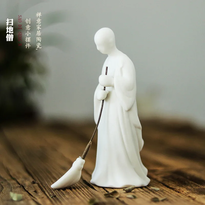 Pure White Zen Chinese Ceramic Figure Sweeping Monk Whiteware Porcelain Home Decoration Accessories for Living Room Gift