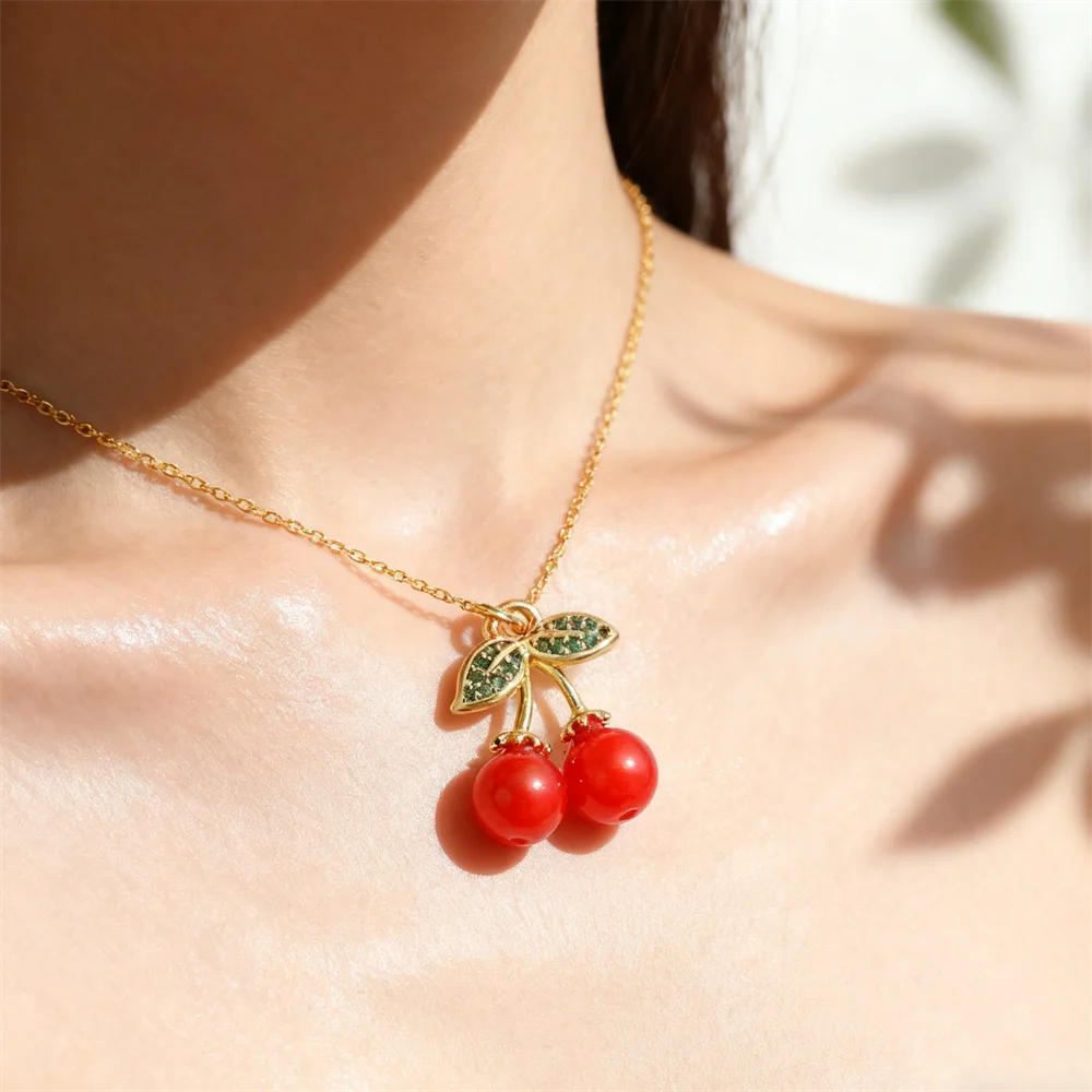 

2Pcs Pendants Brass Enamel Cubic Zirconia Cherry Heart Charms for DIY Jewelry Necklace Bracelet Making Unique Fruit Accessories