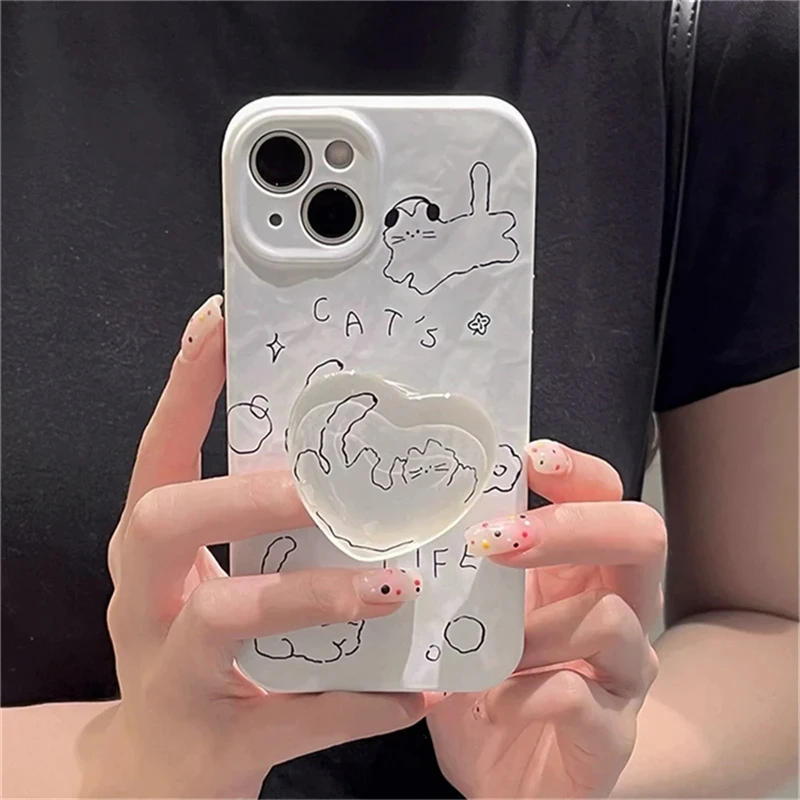 Korea Cute Cat 3D Love Heart Phone Grip Tok Griptok Clear White Holder Ring For iPhone 15 Accessories Lovely Crystal Phone Stand