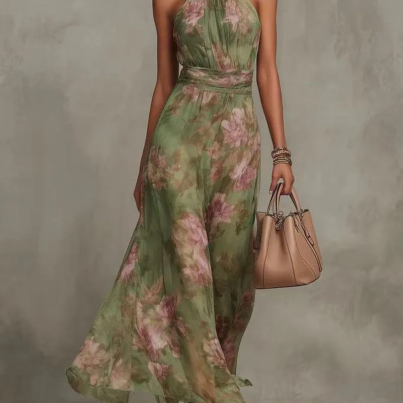 Elegant Halter Off Shoulder Hollow Party Dresses Woman Spring Floral Print Chiffon Long Dress Boho Sleeveless Summer Beach Dress - Image 4