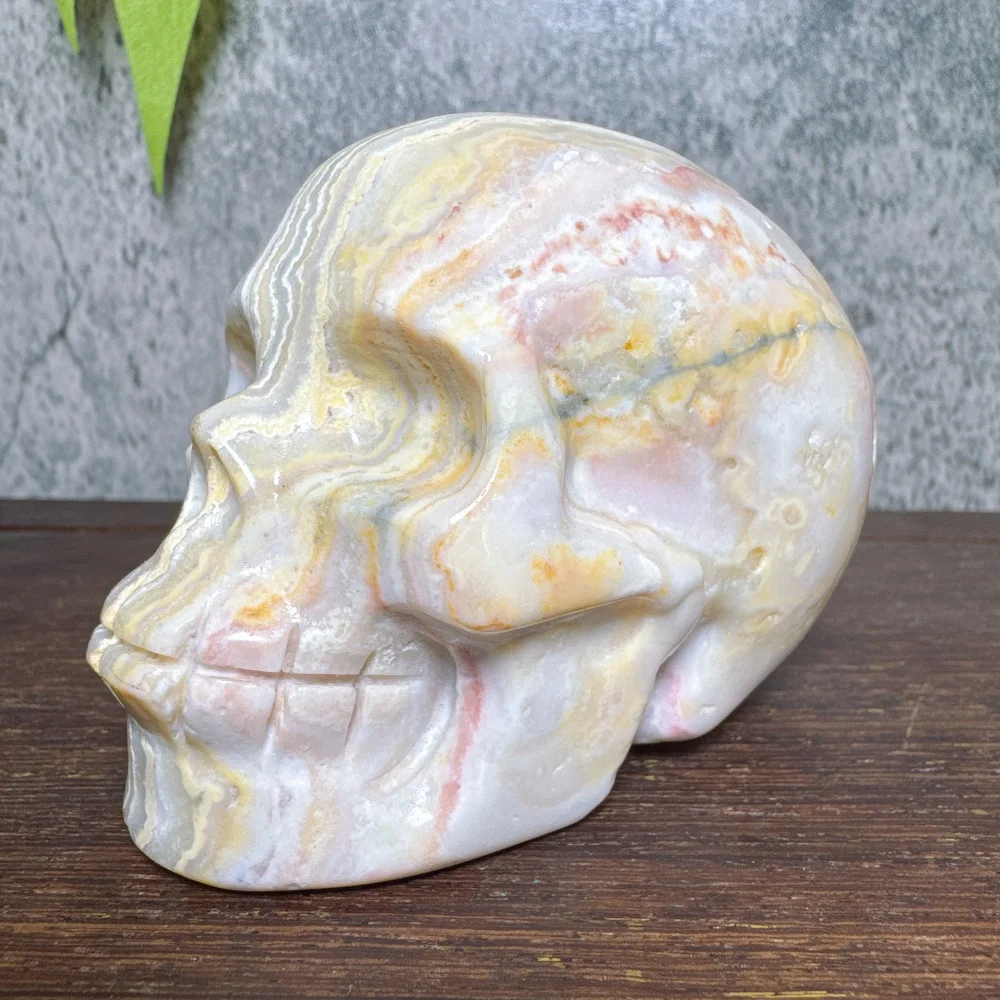 Natural Carzy Lace Agate Skull Carving Halloween Decoration Energy Healing Meditation Stone Craft Gift for Spiritual Practices