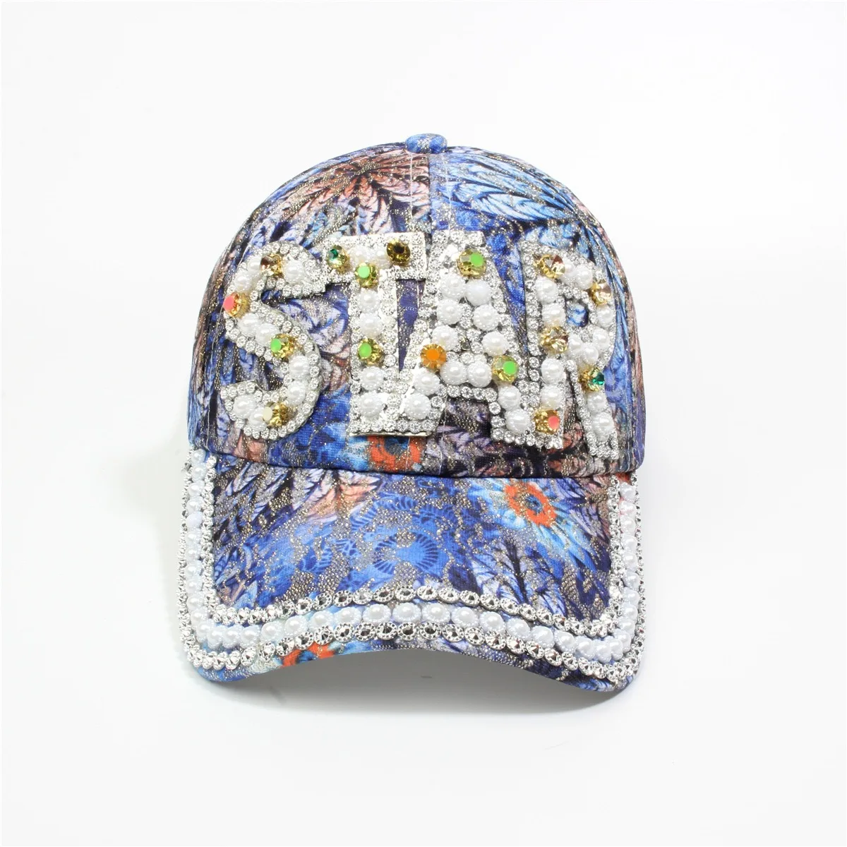 Colored flower bottom with pearl rhinestone decoration baseball cap, with a country style, suitable for shopping and traveling.