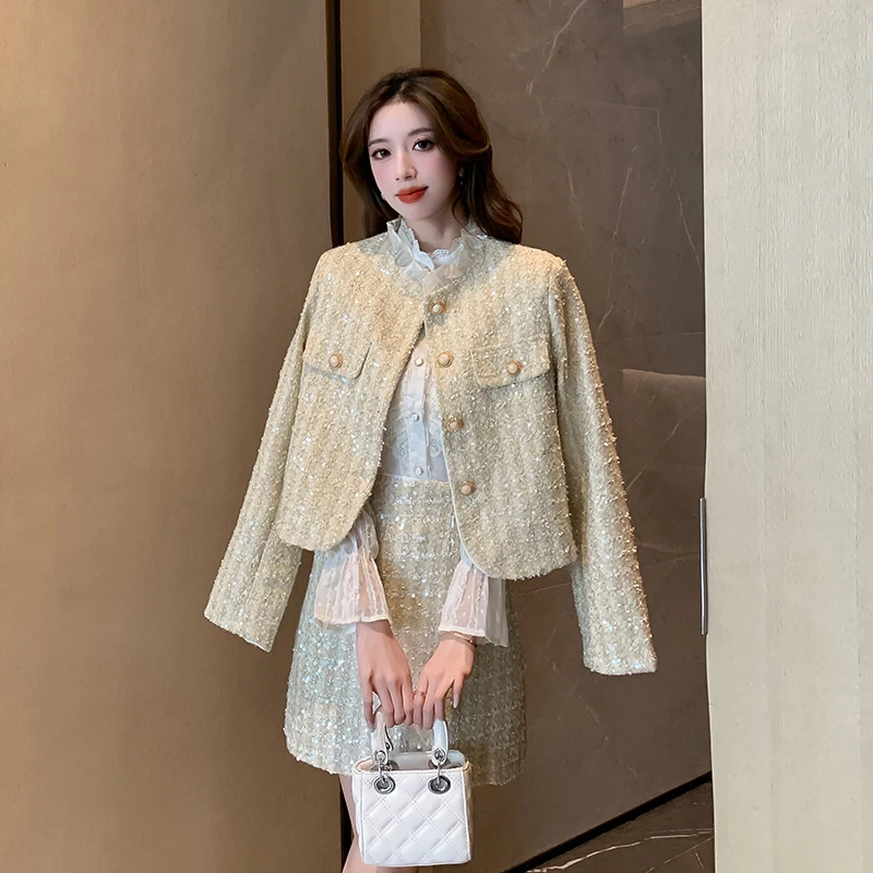 High Quality Autumn Tweed Two Piece Set for Women Sequin Shiny Jacket Coat + Mini Skirt Suits Streetwear Woolen Office Outfits