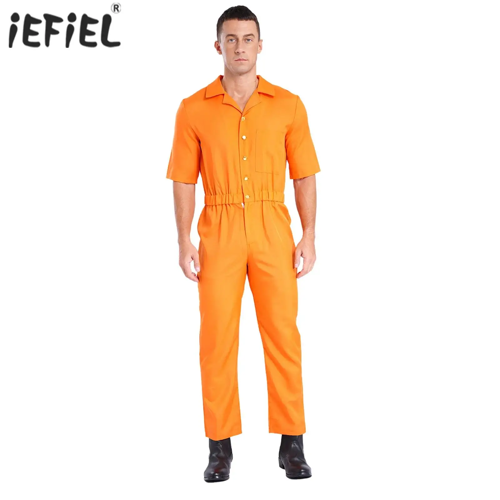 Mens Orange Prisoner Halloween Cosplay Costume Jailbird Jumpsuit Short Sleeve Print Overalls Inmate Jail Convict Detainee Outfit