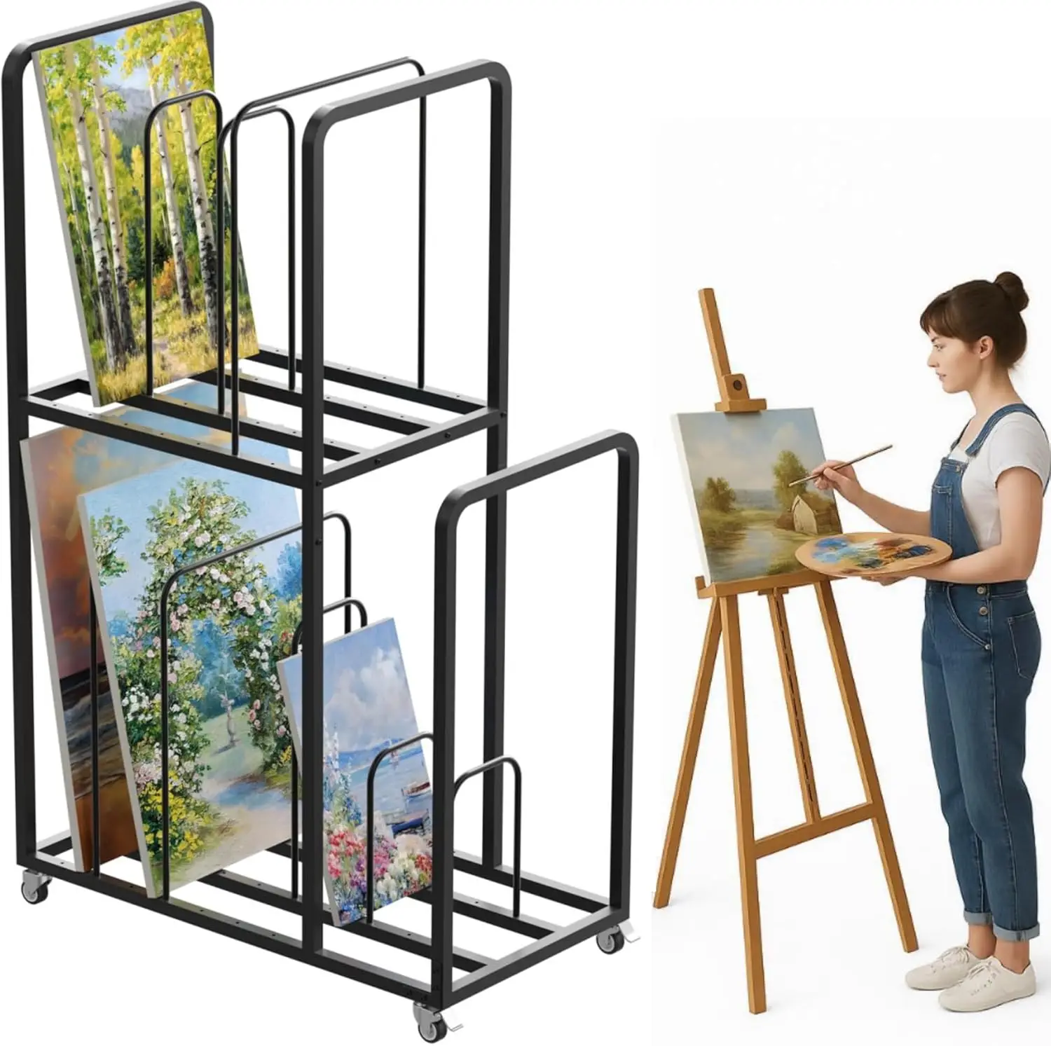 

2 Tier Art Canvas Storage Rack, Large Artwork Storage Rack with Caster Wheels & Handle, Framed Art Storage Metal Art Drying Rack for Canvas, Artwork, Prints, Panels and Galleries