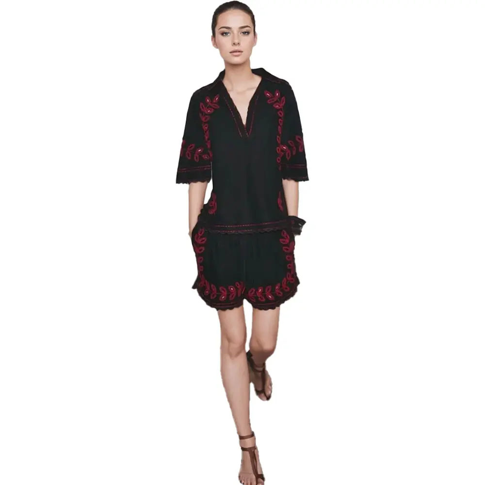 Willshela moda feminina 2 peças conjuntos de camisa bordada sólida e shorts de cintura elástica feminino chique casual tops ternos