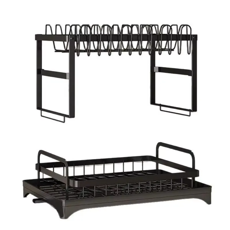 Double-Layer Large-Capacity Dish Drain Rack with Water Guide Tray Rust-Resistant Durable Kitchen Countertop Storage Rack