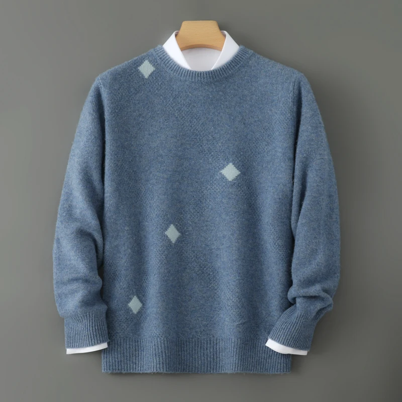 100% pure cashmere sweater men's round neck business color matching pullover loose casual knit bottoming shirt