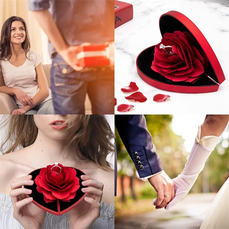 

3D Heart Shape Rose Flower Wedding Ring Display Holder Box Jewelry Storage Case for Couples Special Proposal Ring Box