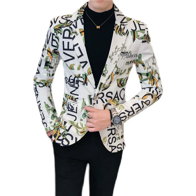 2022 spring and autumn men\'s personality trend printing slim button suit trendy small suit jacket men