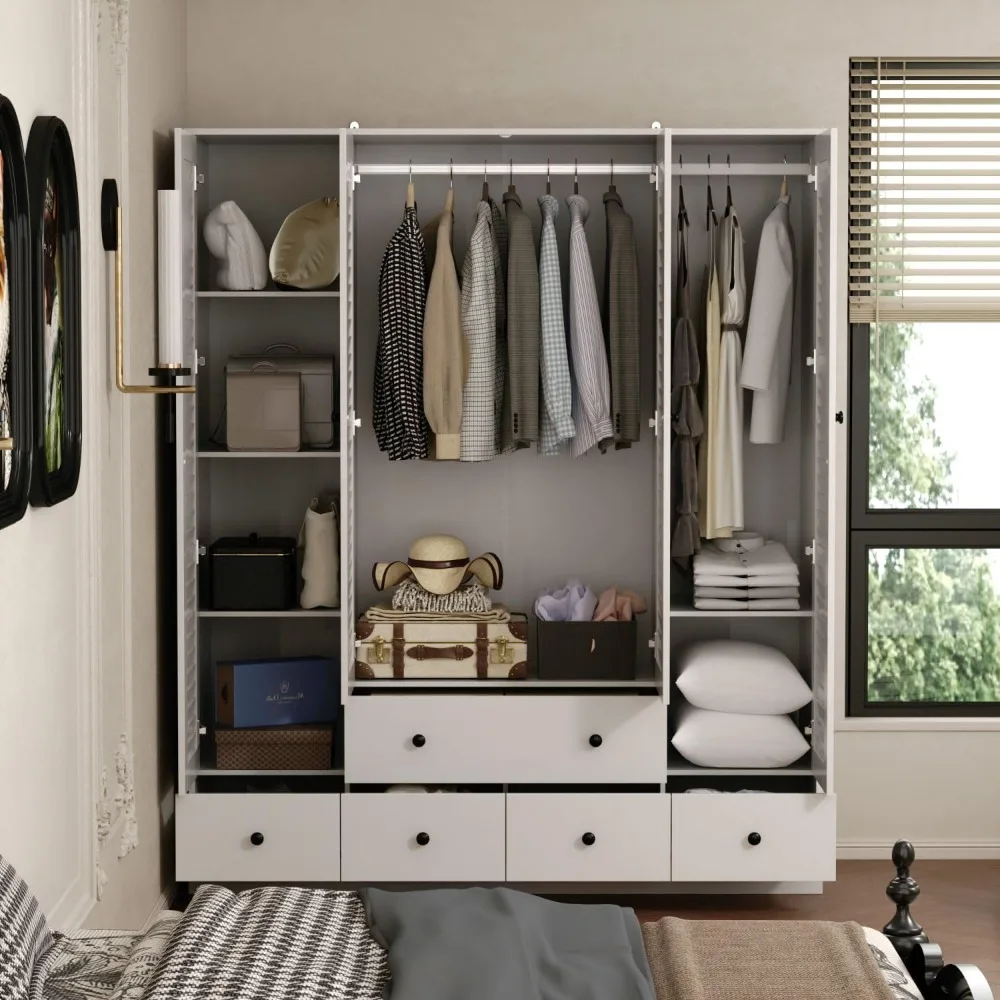 

4 Shutter Door Wardrobe with Shelves and Drawers, Armoire Wardrobe Closet with 2 Hanging Rods, for Bedroom White