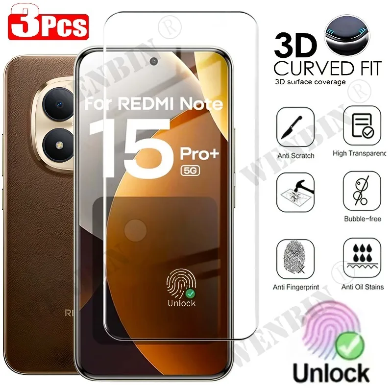 3 шт. Защитное стекло для Redmi Note 15 Pro Pro+ Plus / Note 15 Pro / Note 15 4G 5G, изогнутое, с полным покрытием экрана