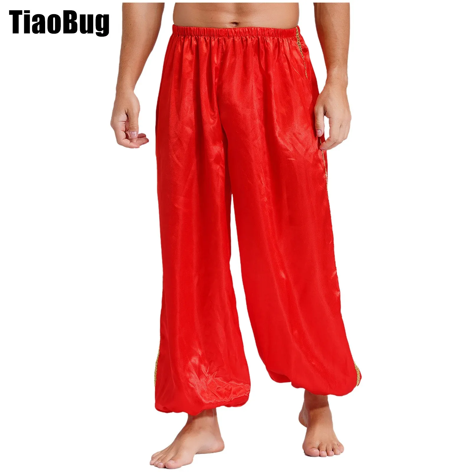 

Mens Satin Belly Dance Pants Arabian Prince Elastic Waist Gold Trim Bloomer Loose Bottoms for Halloween Cosplay