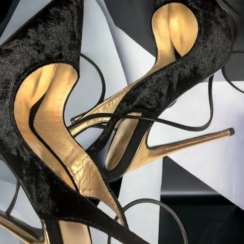 

Black Velvet Ankle Wrap High Heels Pumps Pointed Toe Gold Stiletto High Heels Cutouts Lace Up Women Slingback Shoes