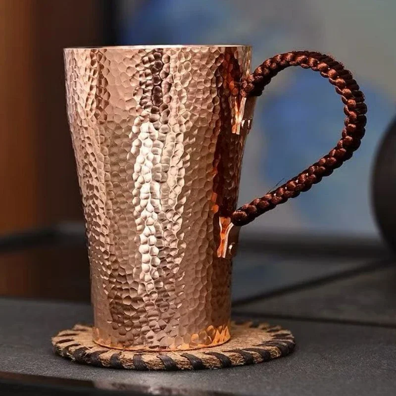 Vintage Pure Copper Coffee Cup,Handcrafted Polishing Engraving Hammer Texture Woven Handle 400 ml Beer Mug,Tea Cup Tableware