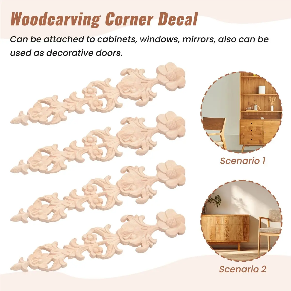[N88R] 4Pcs Wood Carved Appliques Retro Round Woodcarving Decal Unpainted Furniture Cabinet Wall Decor Crafts