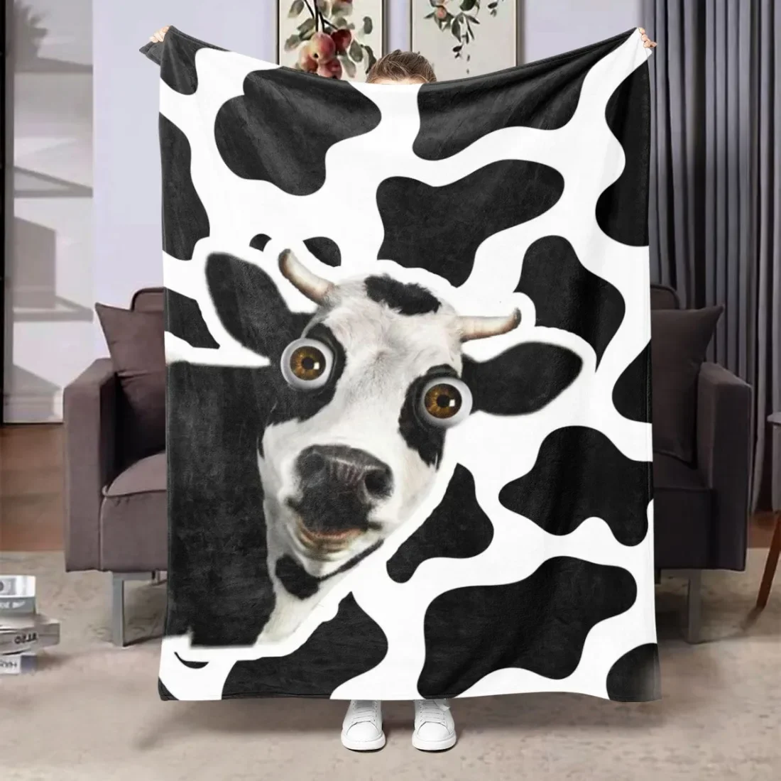 Niedliche Flanell-Überwurfdecke mit Kuhmuster, ultraweiche Ganzjahresdecke, ideal für Wohnzimmer, Büro, Reisen und Sofa