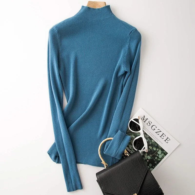 2023 New Half-turtleneck Sweater Undershirt Women's Long Sleeves Spring Autumn Pullovers Slim Knit Top Solid Color Base Shirt