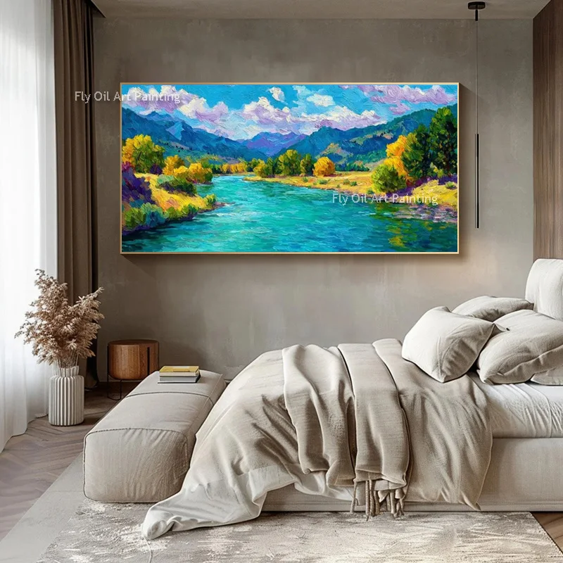 Beautiful Landscape Artwork Green River Green Mounatians Oil Painting On Canvas Hand Drawn Suburb View Wall Art Decor Items